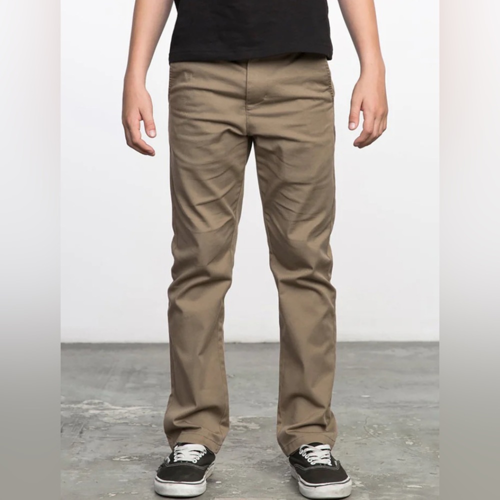 RVCA BOYS WEEKDAY STRETCH STRAIGHT PANT in DARK KHAKI preppy size 22 or 8 Slim